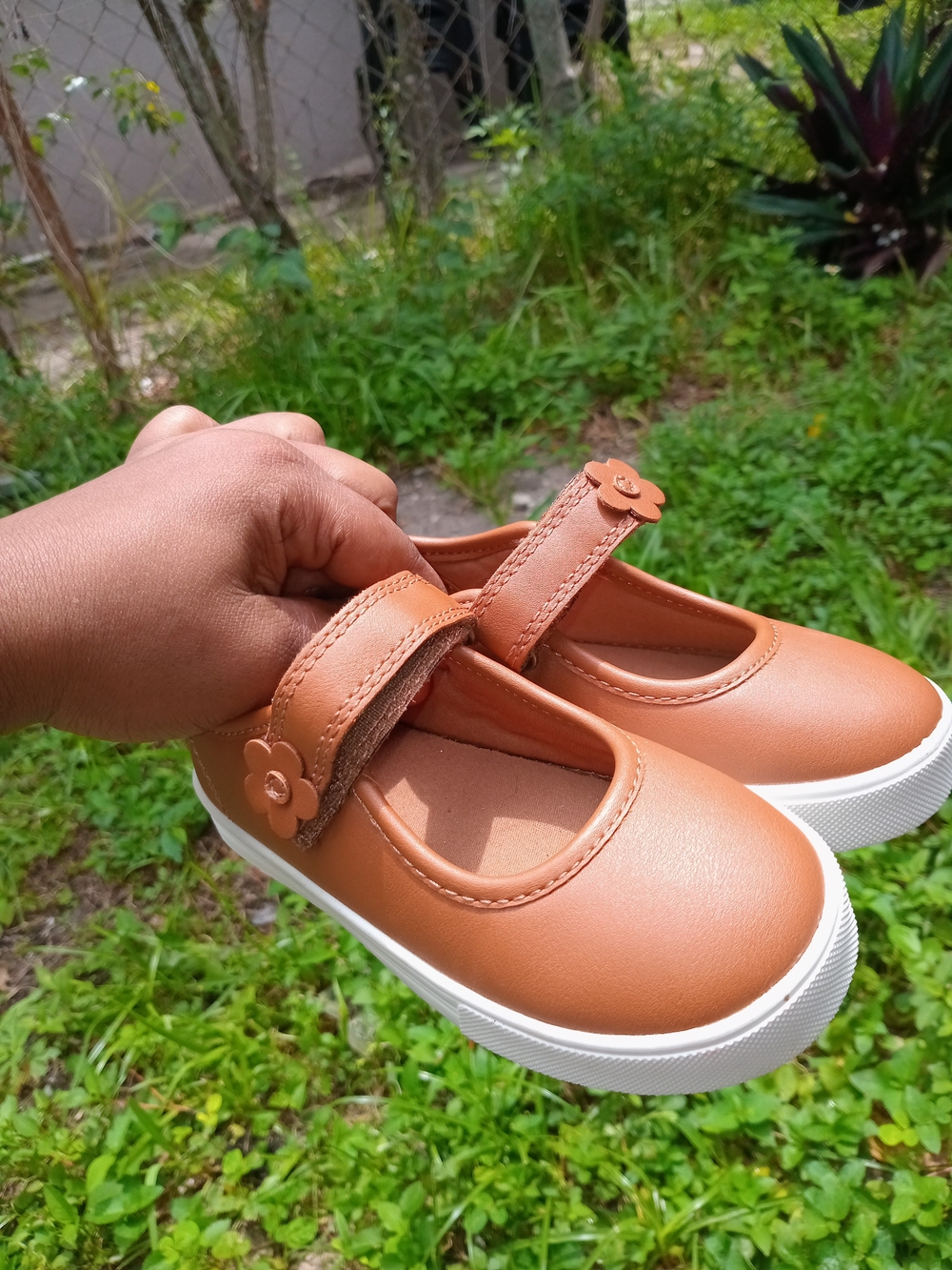 Girls Tan Moccasin Mary Jane Shoes with Flower Strap